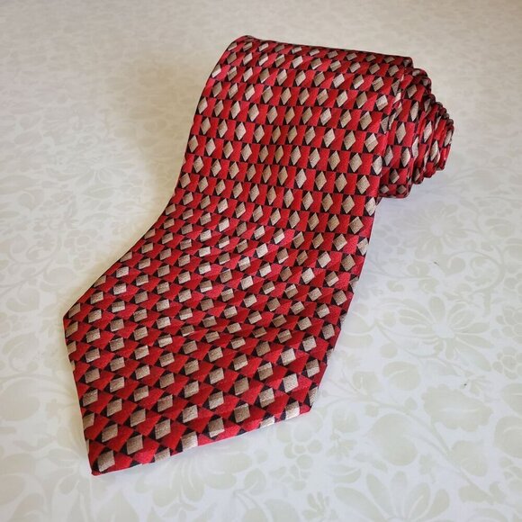 Vintage Stonehenge Mens Tie Geometric Red & Beige 100% Silk Necktie 60.5 inches - Picture 5 of 5